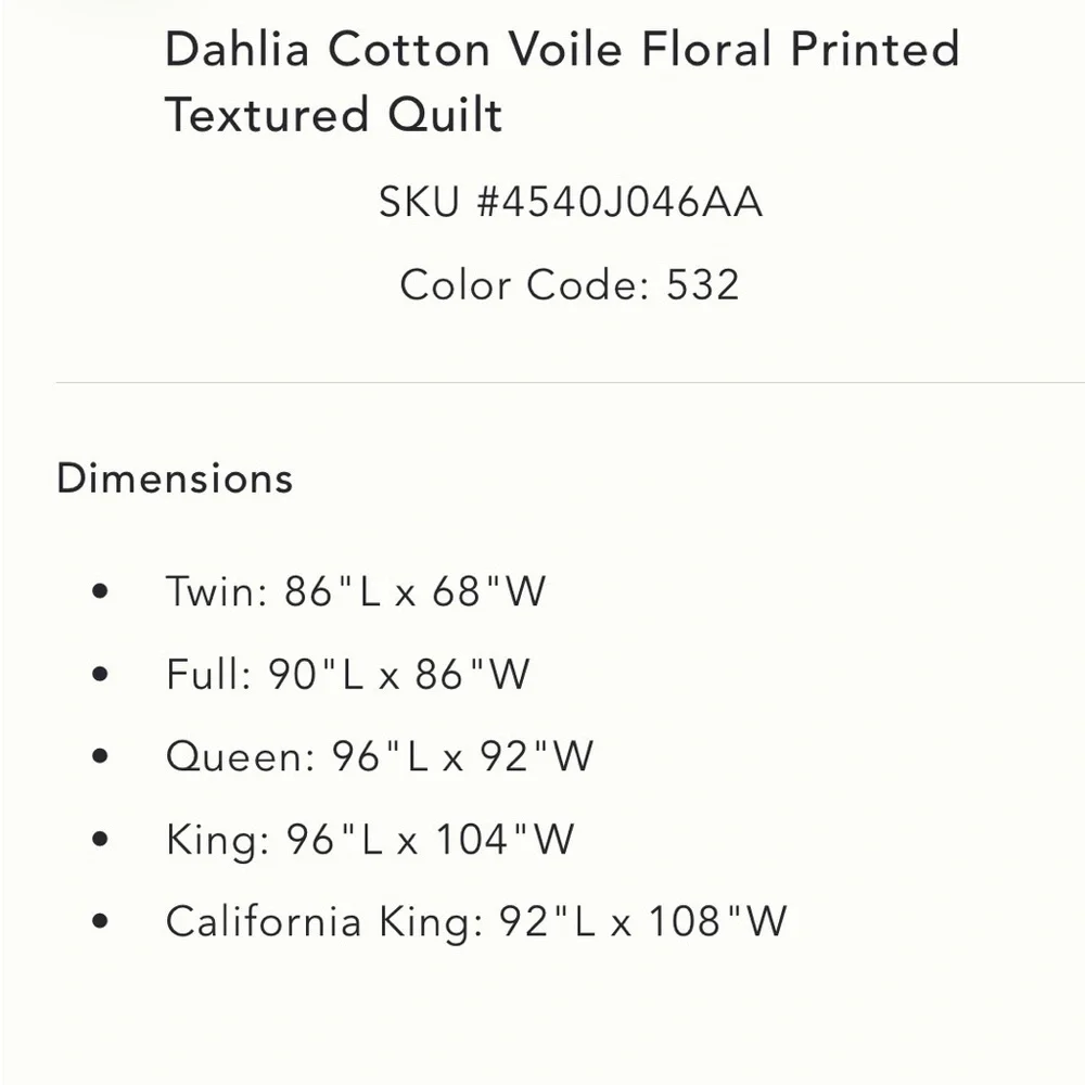 Anthropologie Dahlia Cotton Voile Floral Printed Textured Quilt Size Queen NWT